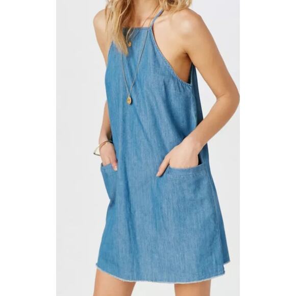 American eagle chambray blue high neck shift dress front pockets size large - Picture 1 of 10